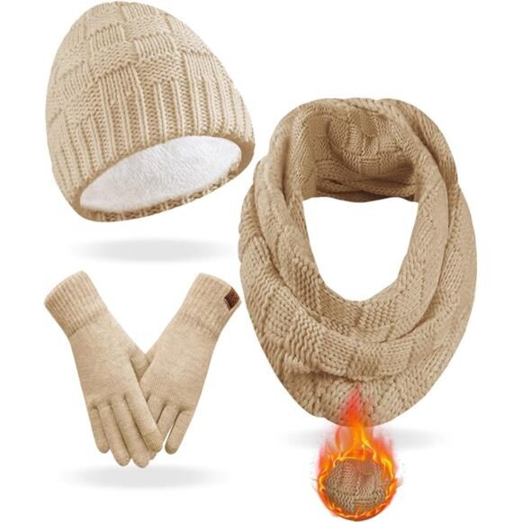 Women's 3 In 1 Set Winter Warm Beanie Hat Touchscreen Gloves Scarf Set